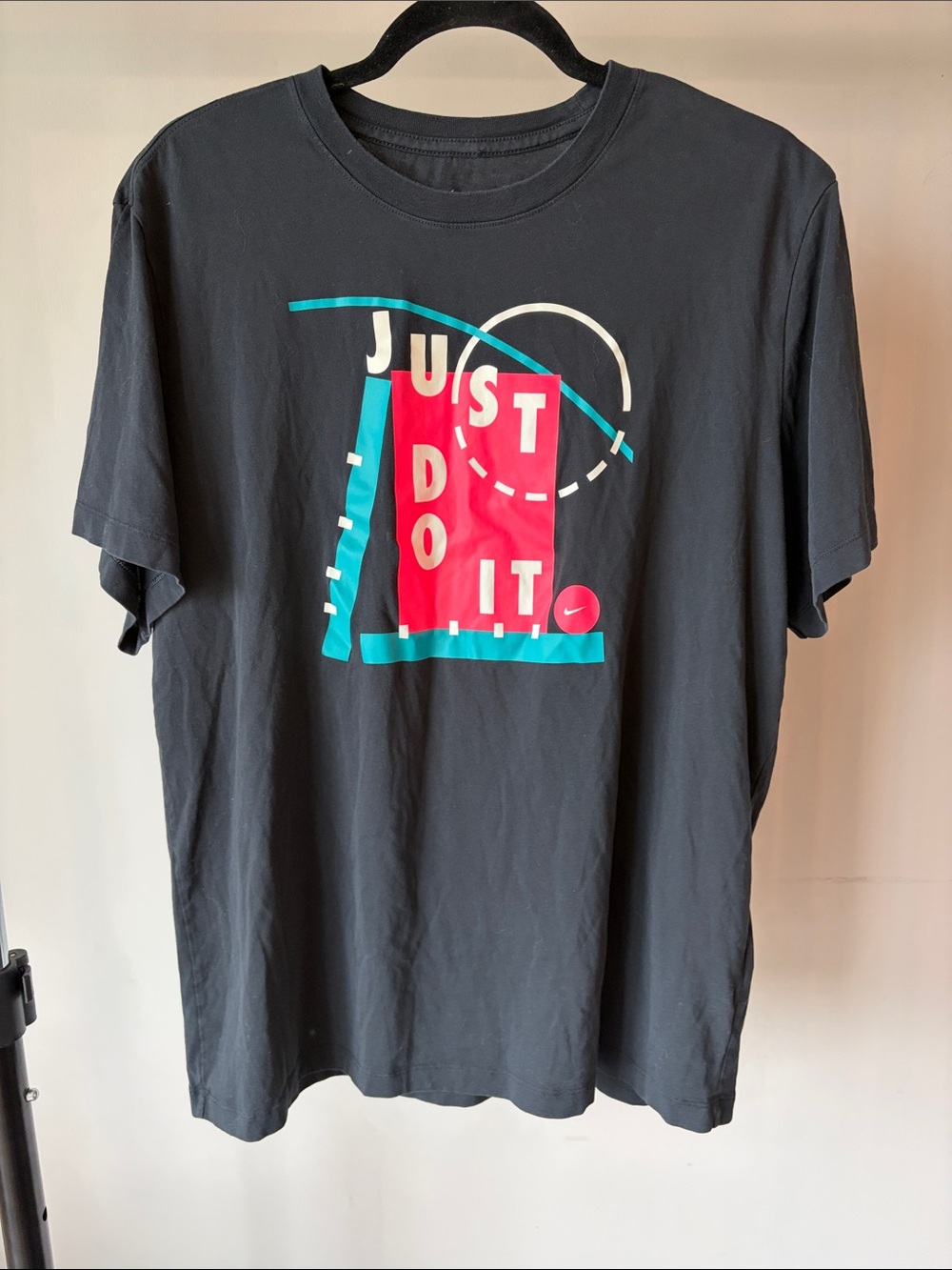 Nike Black Tee with Pink and Teal 'Just Do It' Graphic